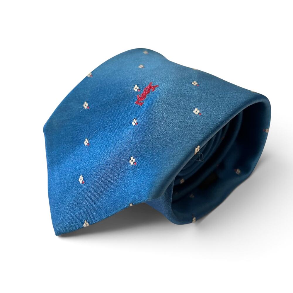 YSL Yves Saint Laurent Embroidered Logo Vintage Blue Foulard Tie